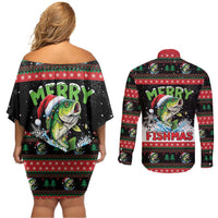 Fishing Christmas Merry Fishmas Couples Matching Off Shoulder Short Dress and Long Sleeve Button Shirt We Wish You A Merry Fishmas - Wonder Print Shop