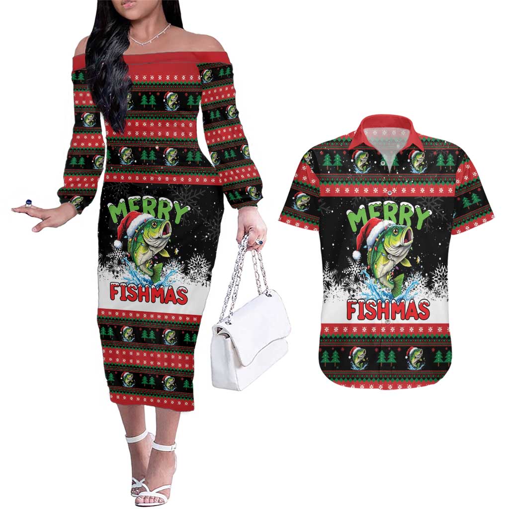 Fishing Christmas Merry Fishmas Couples Matching Off The Shoulder Long Sleeve Dress and Hawaiian Shirt We Wish You A Merry Fishmas - Wonder Print Shop