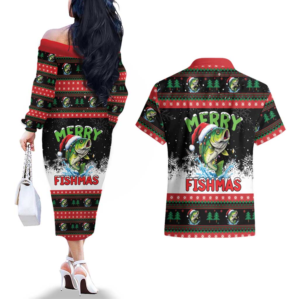 Fishing Christmas Merry Fishmas Couples Matching Off The Shoulder Long Sleeve Dress and Hawaiian Shirt We Wish You A Merry Fishmas - Wonder Print Shop