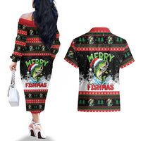 Fishing Christmas Merry Fishmas Couples Matching Off The Shoulder Long Sleeve Dress and Hawaiian Shirt We Wish You A Merry Fishmas - Wonder Print Shop