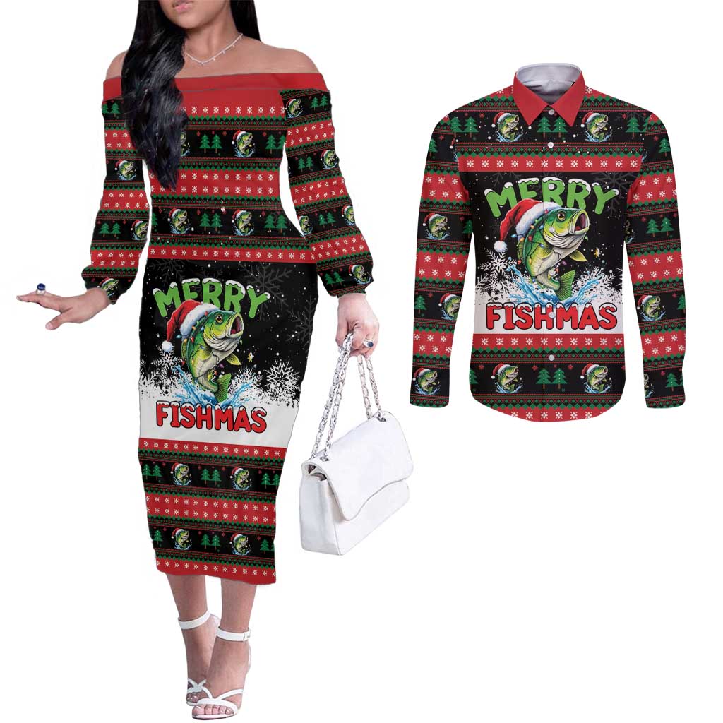 Fishing Christmas Merry Fishmas Couples Matching Off The Shoulder Long Sleeve Dress and Long Sleeve Button Shirt We Wish You A Merry Fishmas - Wonder Print Shop