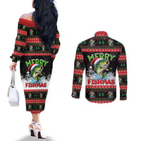 Fishing Christmas Merry Fishmas Couples Matching Off The Shoulder Long Sleeve Dress and Long Sleeve Button Shirt We Wish You A Merry Fishmas - Wonder Print Shop