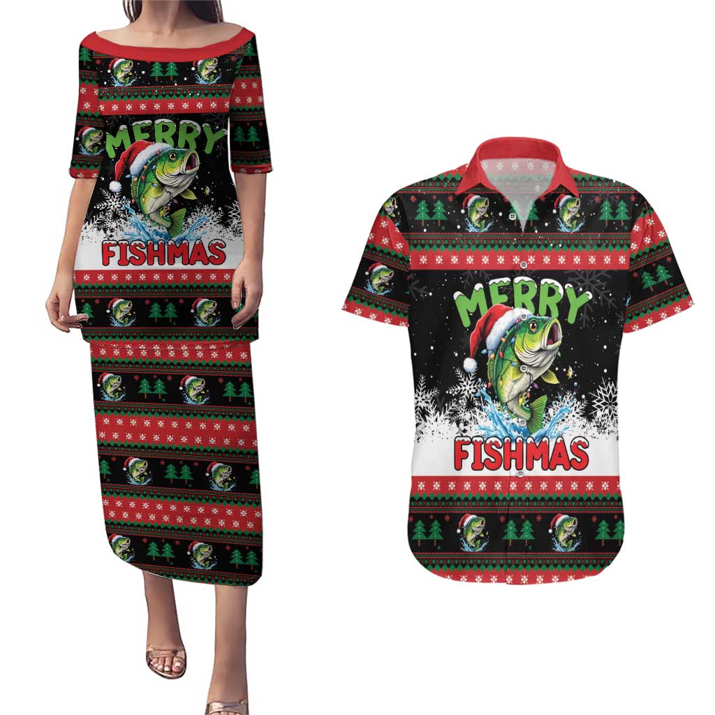 Fishing Christmas Merry Fishmas Couples Matching Puletasi and Hawaiian Shirt We Wish You A Merry Fishmas - Wonder Print Shop
