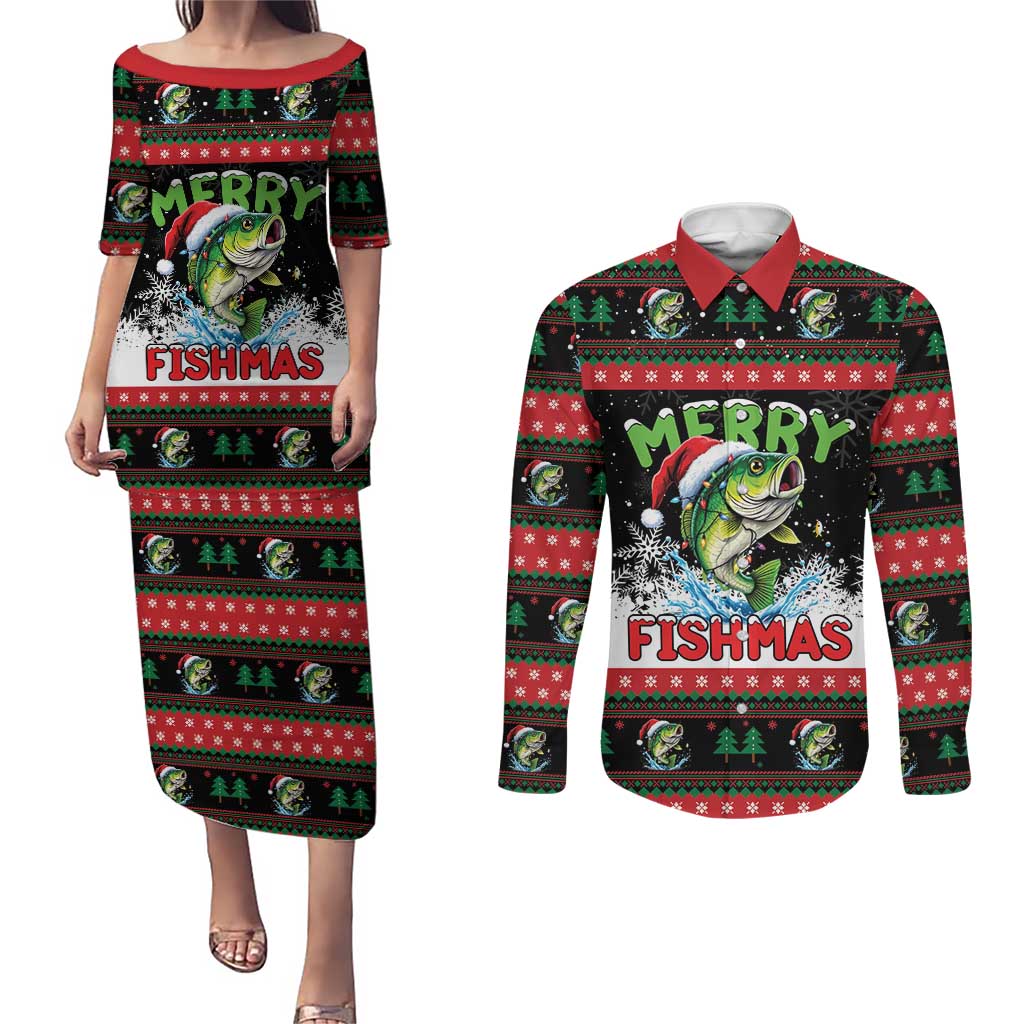 Fishing Christmas Merry Fishmas Couples Matching Puletasi and Long Sleeve Button Shirt We Wish You A Merry Fishmas - Wonder Print Shop