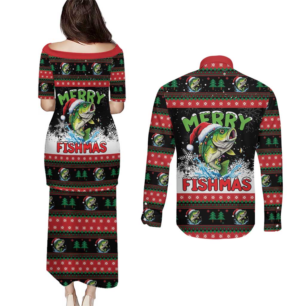 Fishing Christmas Merry Fishmas Couples Matching Puletasi and Long Sleeve Button Shirt We Wish You A Merry Fishmas - Wonder Print Shop