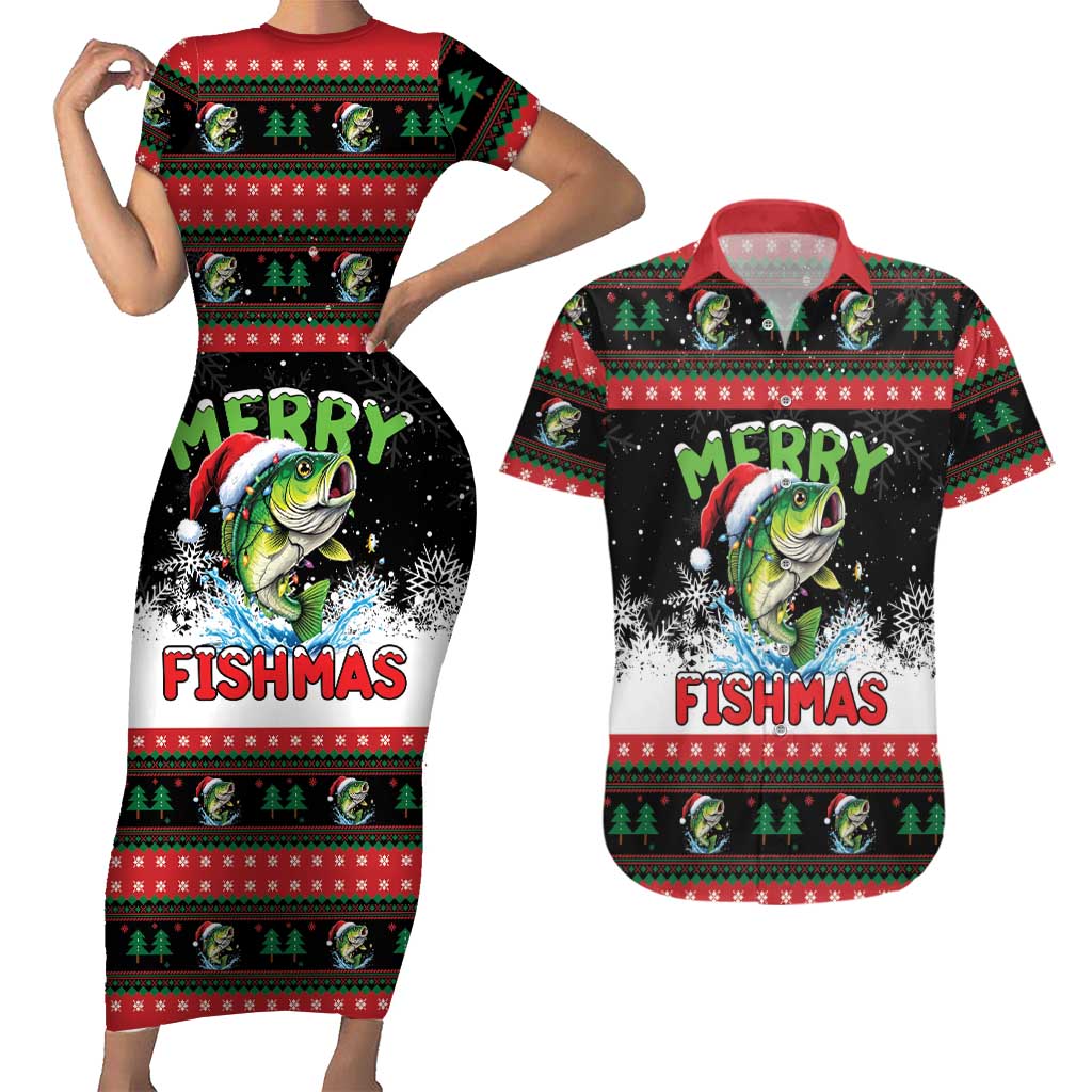 Fishing Christmas Merry Fishmas Couples Matching Short Sleeve Bodycon Dress and Hawaiian Shirt We Wish You A Merry Fishmas - Wonder Print Shop