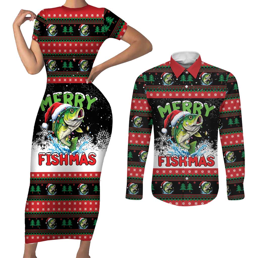 Fishing Christmas Merry Fishmas Couples Matching Short Sleeve Bodycon Dress and Long Sleeve Button Shirt We Wish You A Merry Fishmas - Wonder Print Shop