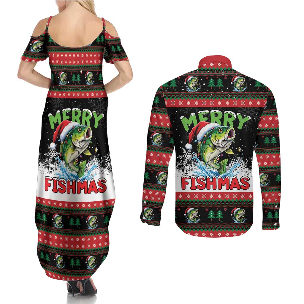 Fishing Christmas Merry Fishmas Couples Matching Summer Maxi Dress and Long Sleeve Button Shirt We Wish You A Merry Fishmas - Wonder Print Shop