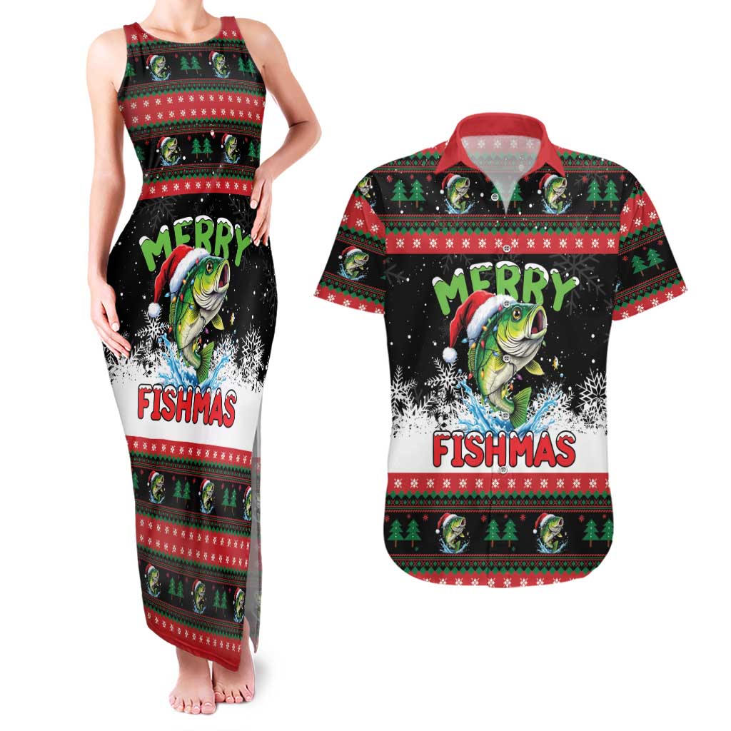Fishing Christmas Merry Fishmas Couples Matching Tank Maxi Dress and Hawaiian Shirt We Wish You A Merry Fishmas - Wonder Print Shop