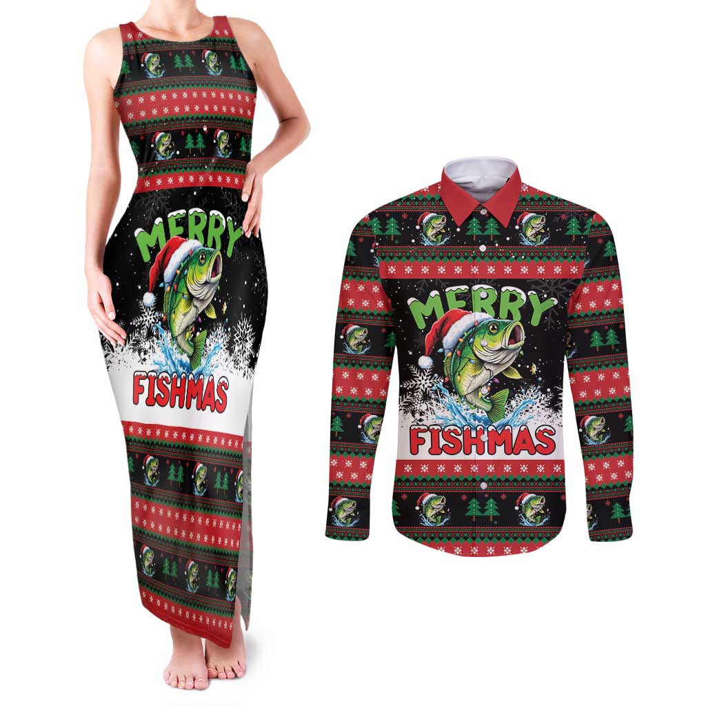 Fishing Christmas Merry Fishmas Couples Matching Tank Maxi Dress and Long Sleeve Button Shirt We Wish You A Merry Fishmas - Wonder Print Shop