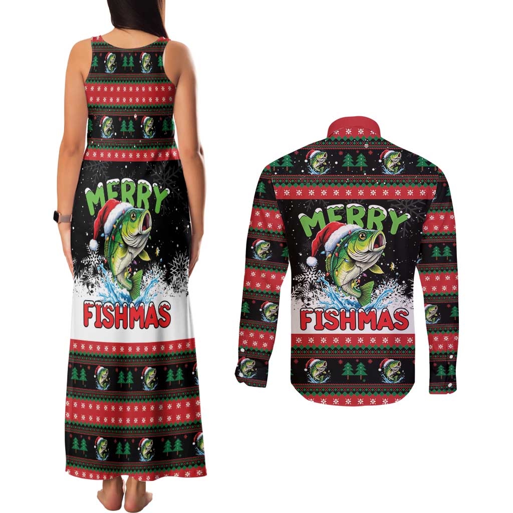 Fishing Christmas Merry Fishmas Couples Matching Tank Maxi Dress and Long Sleeve Button Shirt We Wish You A Merry Fishmas - Wonder Print Shop
