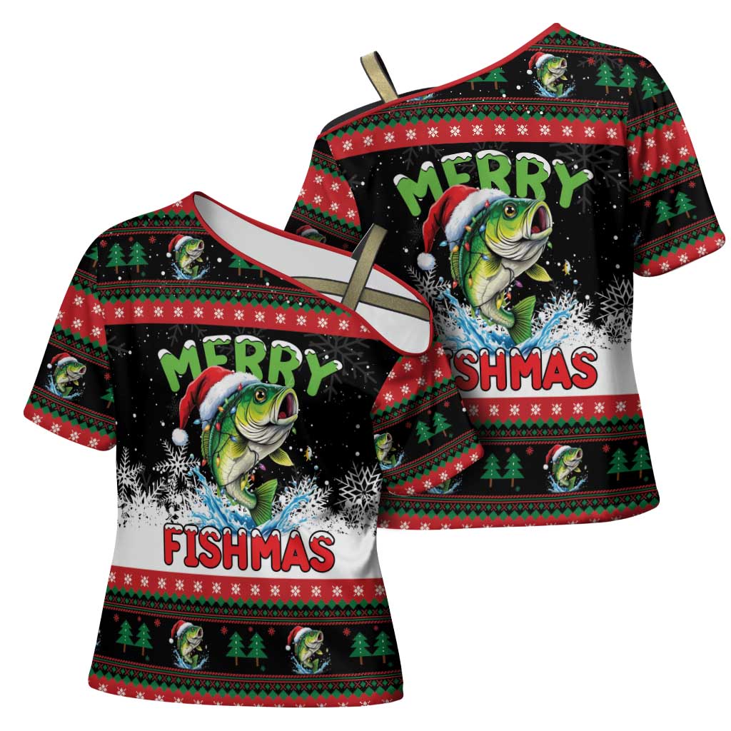 Fishing Christmas Merry Fishmas Cross Shoulder Shirt We Wish You A Merry Fishmas - Wonder Print Shop