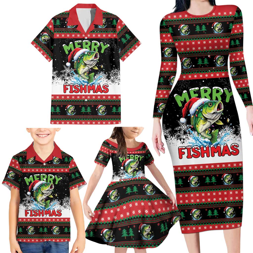 Fishing Christmas Merry Fishmas Family Matching Long Sleeve Bodycon Dress and Hawaiian Shirt We Wish You A Merry Fishmas - Wonder Print Shop