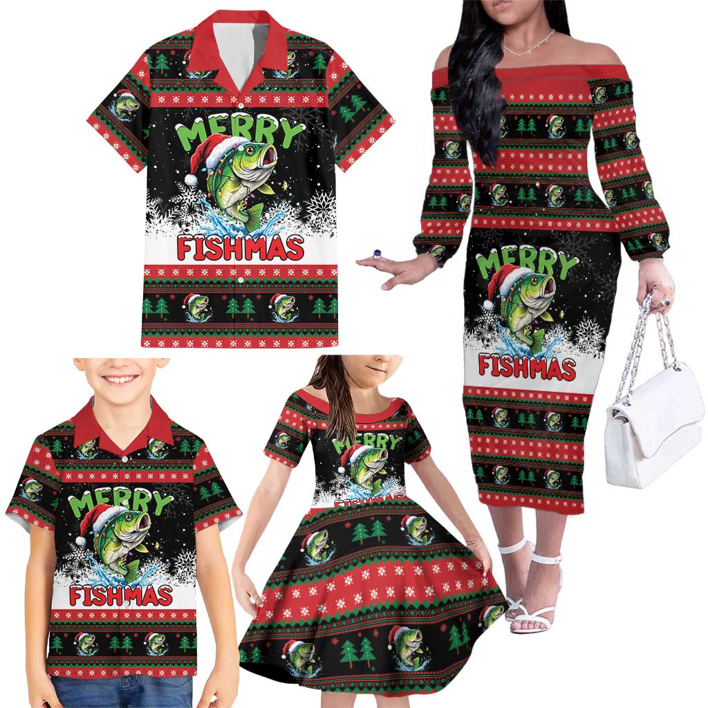 Fishing Christmas Merry Fishmas Family Matching Off The Shoulder Long Sleeve Dress and Hawaiian Shirt We Wish You A Merry Fishmas - Wonder Print Shop
