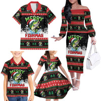 Fishing Christmas Merry Fishmas Family Matching Off The Shoulder Long Sleeve Dress and Hawaiian Shirt We Wish You A Merry Fishmas - Wonder Print Shop