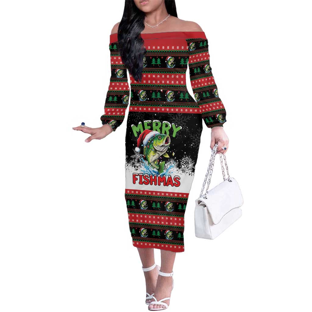 Fishing Christmas Merry Fishmas Family Matching Off The Shoulder Long Sleeve Dress and Hawaiian Shirt We Wish You A Merry Fishmas - Wonder Print Shop