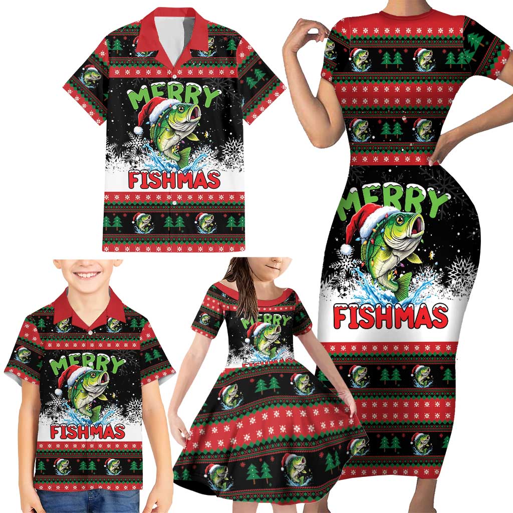 Fishing Christmas Merry Fishmas Family Matching Short Sleeve Bodycon Dress and Hawaiian Shirt We Wish You A Merry Fishmas - Wonder Print Shop