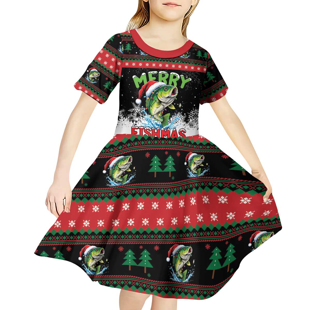 Fishing Christmas Merry Fishmas Kid Short Sleeve Dress We Wish You A Merry Fishmas - Wonder Print Shop