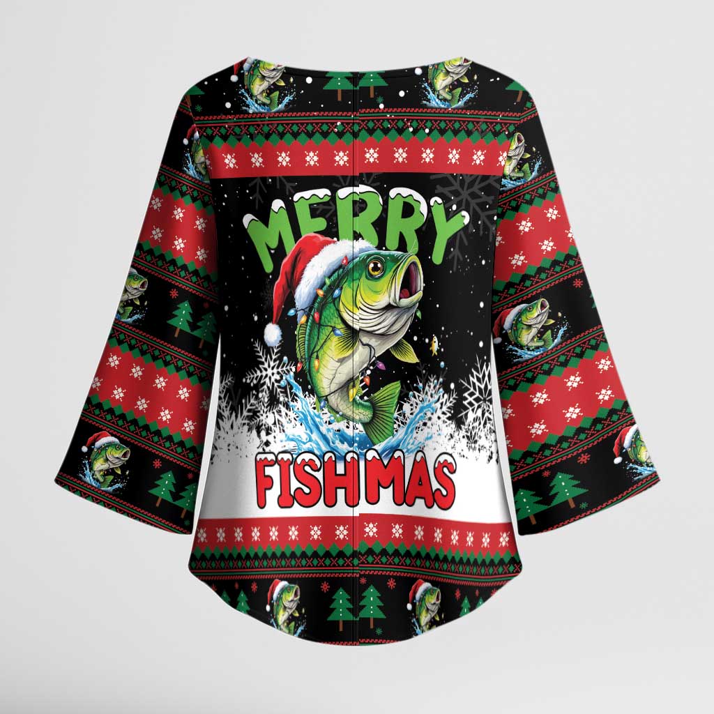 Fishing Christmas Merry Fishmas Kimono Sleeve Blouse We Wish You A Merry Fishmas - Wonder Print Shop