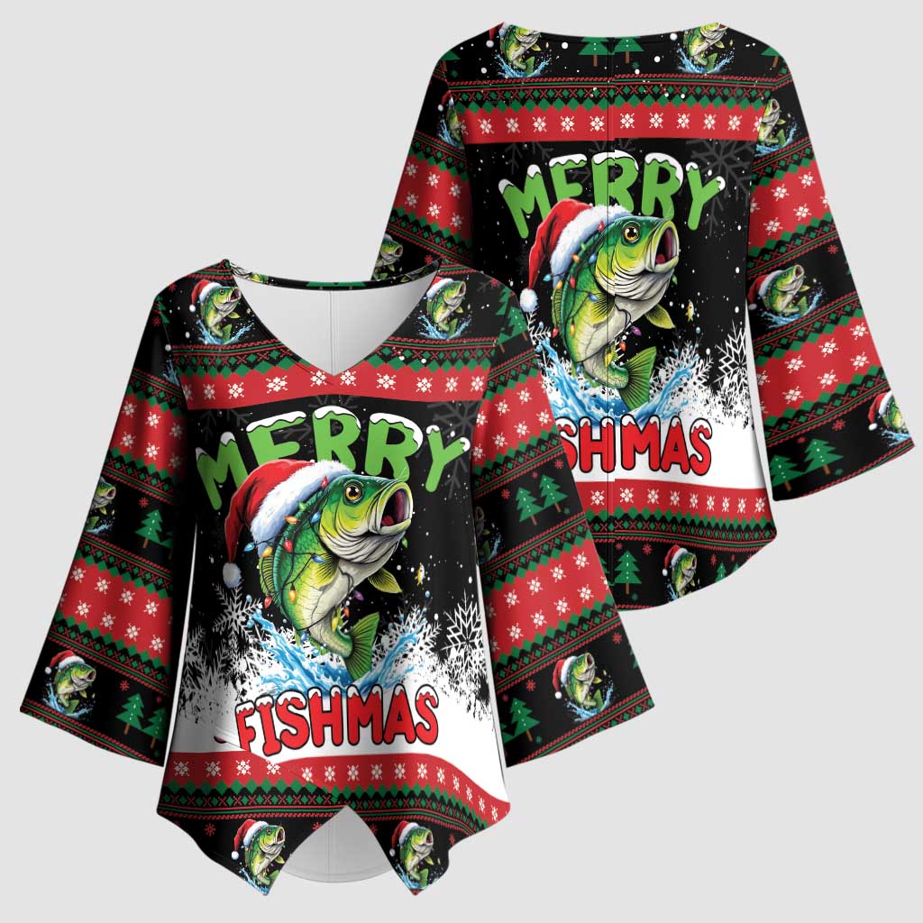 Fishing Christmas Merry Fishmas Kimono Sleeve Blouse We Wish You A Merry Fishmas - Wonder Print Shop