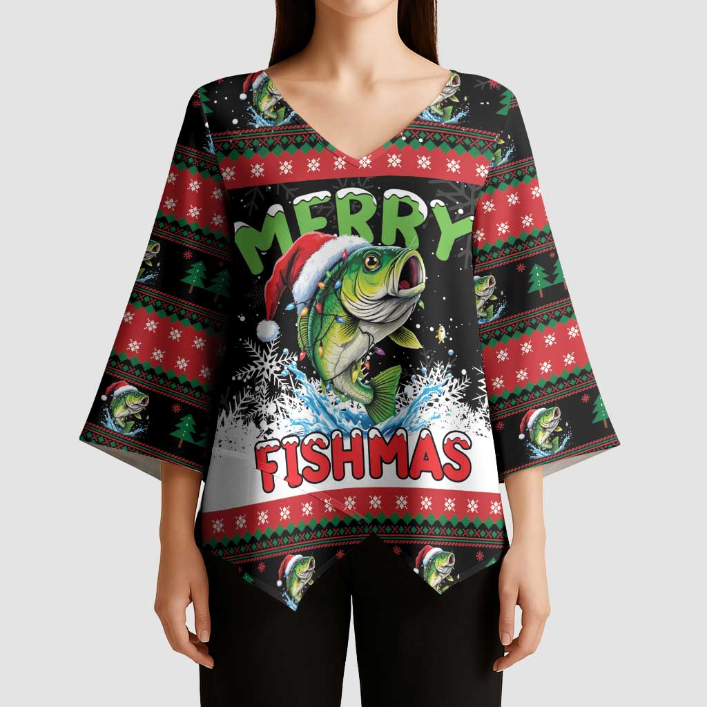 Fishing Christmas Merry Fishmas Kimono Sleeve Blouse We Wish You A Merry Fishmas - Wonder Print Shop