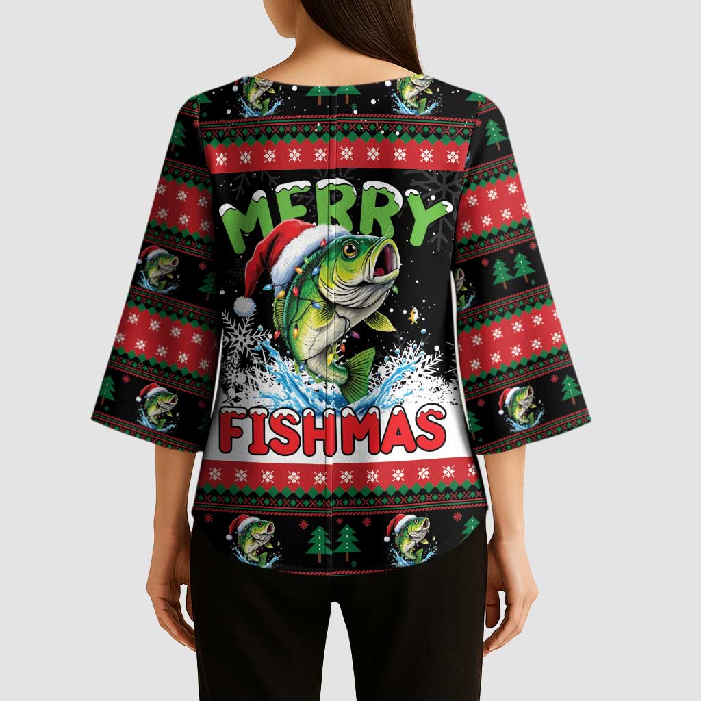 Fishing Christmas Merry Fishmas Kimono Sleeve Blouse We Wish You A Merry Fishmas - Wonder Print Shop