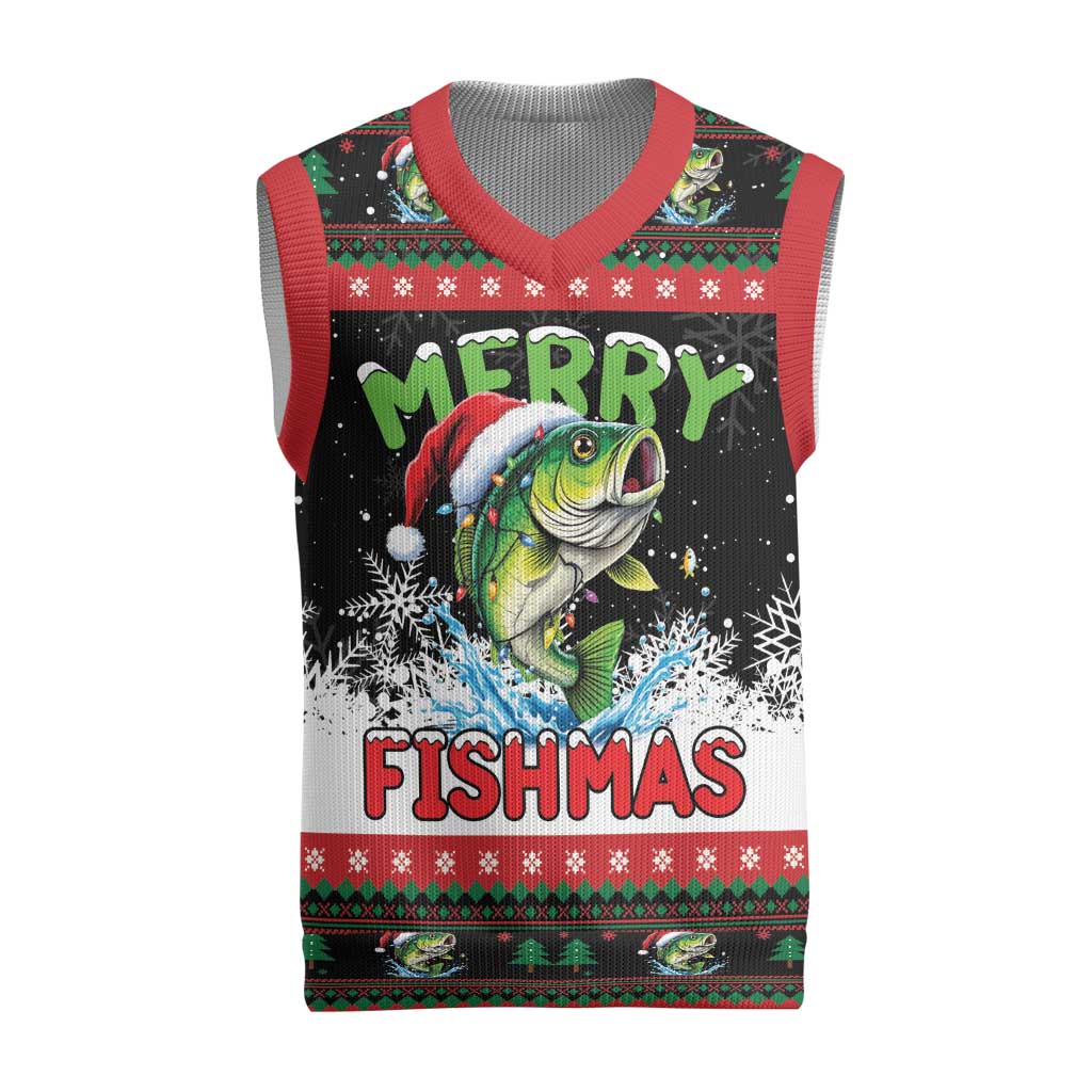Fishing Christmas Merry Fishmas Christmas Knitted V-Neck Vest We Wish You A Merry Fishmas - Wonder Print Shop