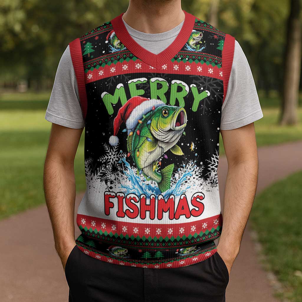 Fishing Christmas Merry Fishmas Christmas Knitted V-Neck Vest We Wish You A Merry Fishmas - Wonder Print Shop