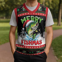 Fishing Christmas Merry Fishmas Christmas Knitted V-Neck Vest We Wish You A Merry Fishmas - Wonder Print Shop