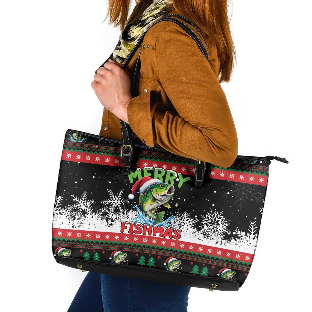 Fishing Christmas Merry Fishmas Leather Tote Bag We Wish You A Merry Fishmas - Wonder Print Shop