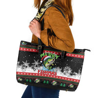 Fishing Christmas Merry Fishmas Leather Tote Bag We Wish You A Merry Fishmas - Wonder Print Shop