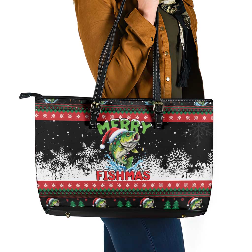 Fishing Christmas Merry Fishmas Leather Tote Bag We Wish You A Merry Fishmas - Wonder Print Shop