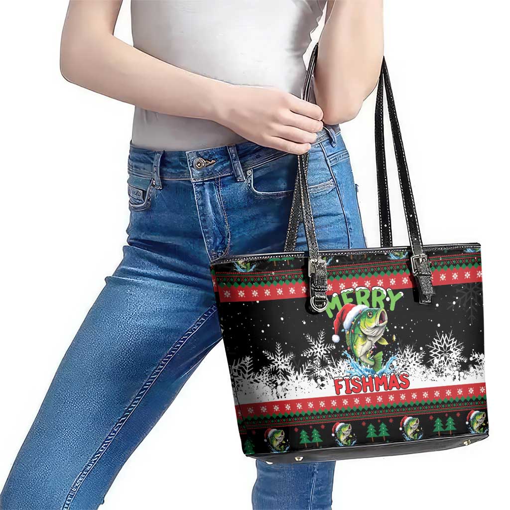 Fishing Christmas Merry Fishmas Leather Tote Bag We Wish You A Merry Fishmas - Wonder Print Shop