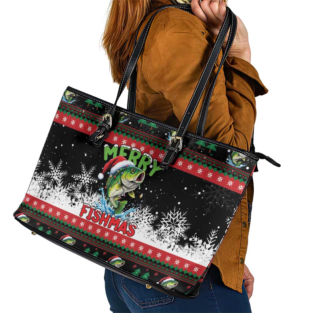 Fishing Christmas Merry Fishmas Leather Tote Bag We Wish You A Merry Fishmas - Wonder Print Shop