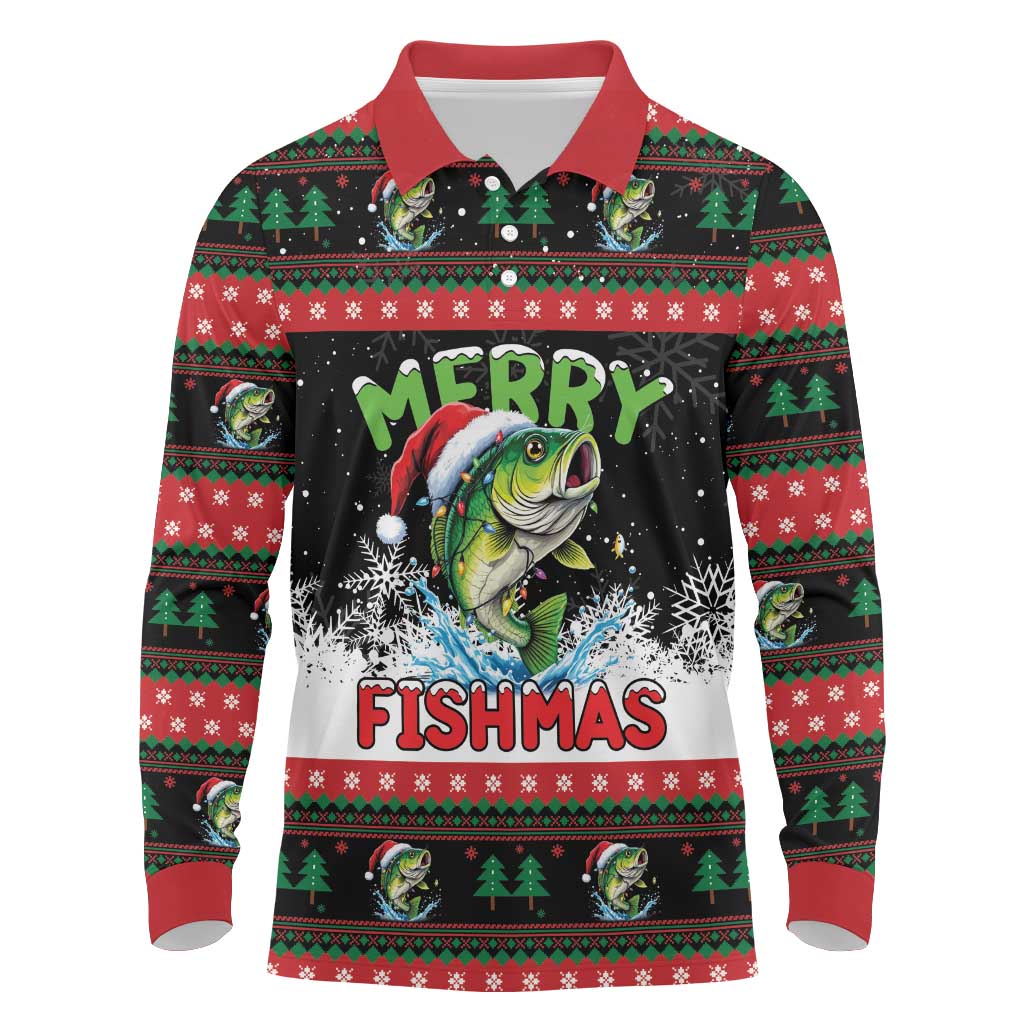 Fishing Christmas Merry Fishmas Long Sleeve Polo Shirt We Wish You A Merry Fishmas - Wonder Print Shop
