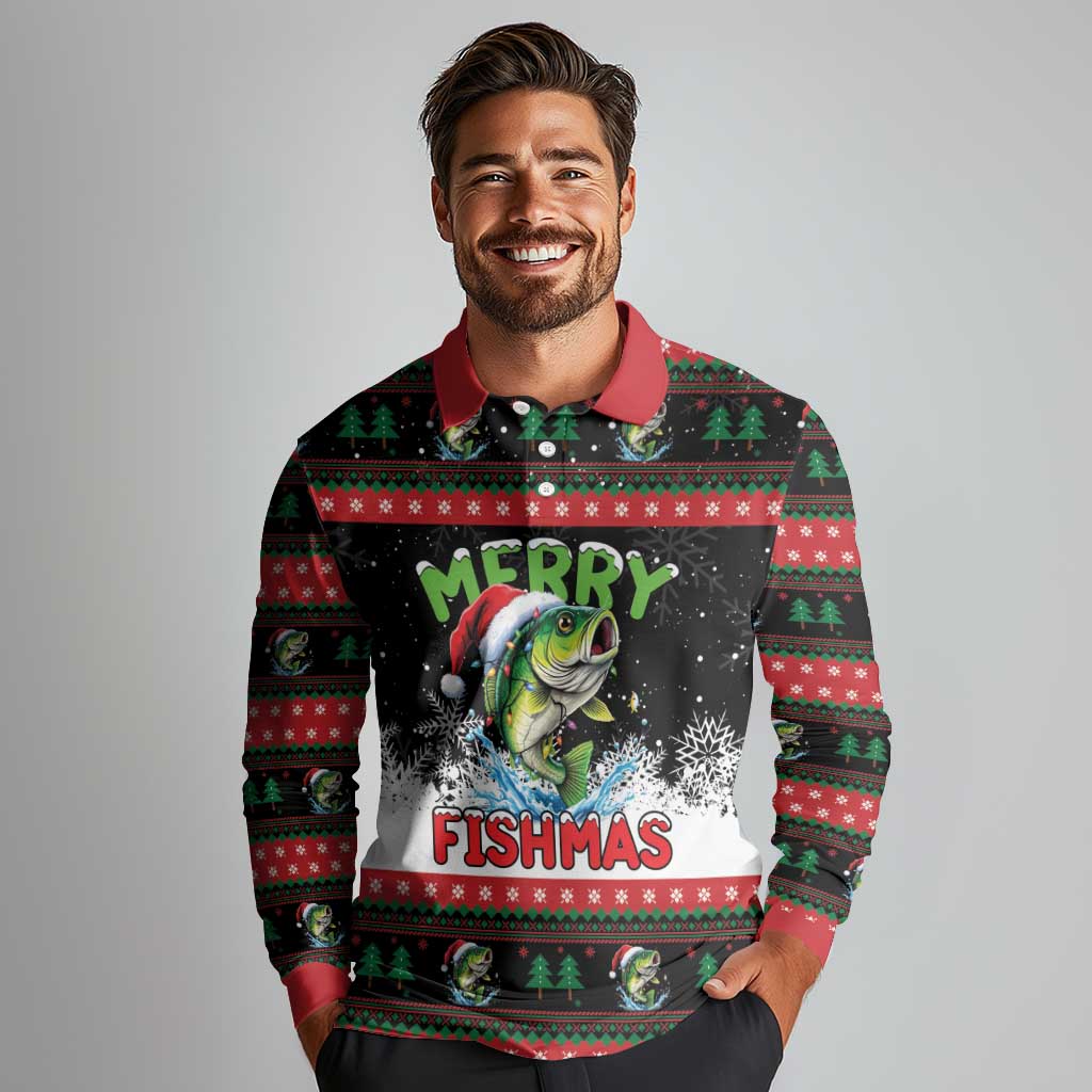 Fishing Christmas Merry Fishmas Long Sleeve Polo Shirt We Wish You A Merry Fishmas - Wonder Print Shop