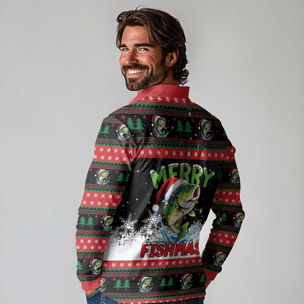 Fishing Christmas Merry Fishmas Long Sleeve Polo Shirt We Wish You A Merry Fishmas - Wonder Print Shop
