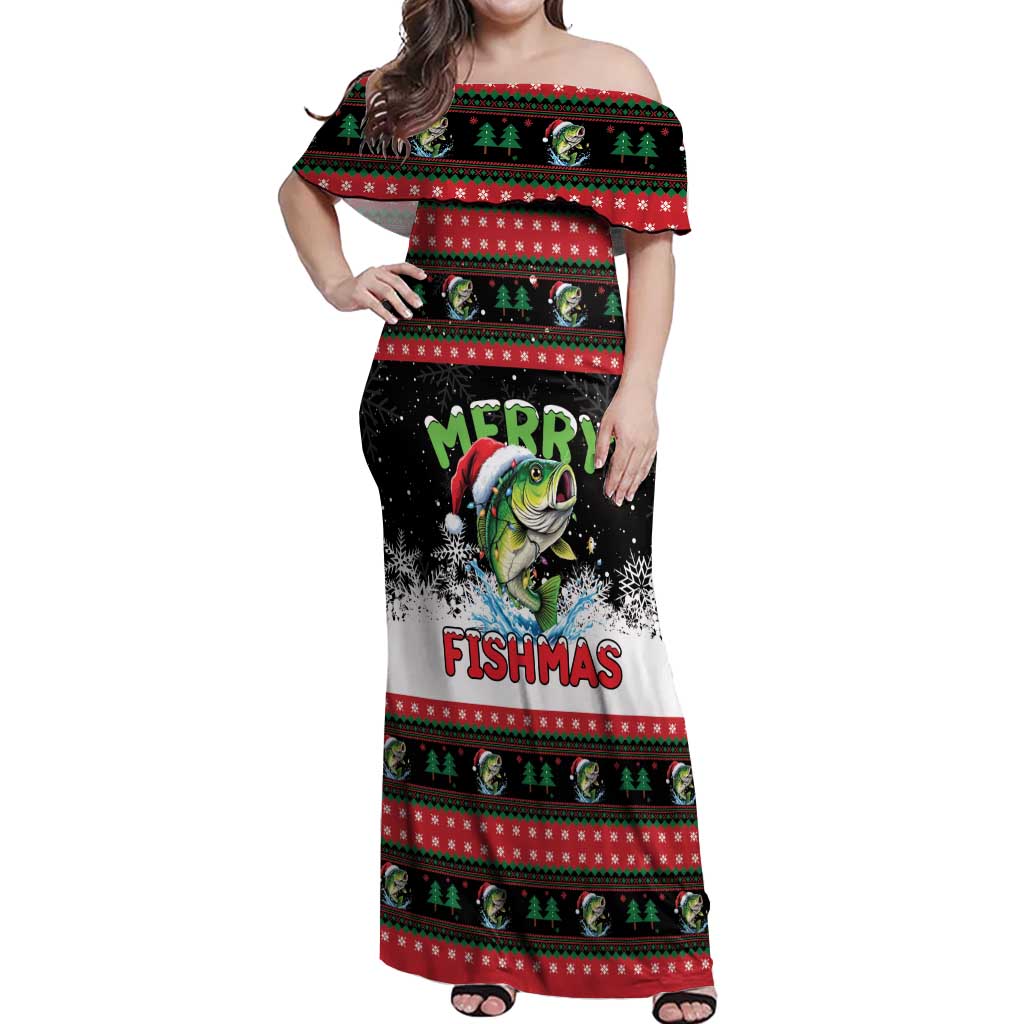 Fishing Christmas Merry Fishmas Off Shoulder Maxi Dress We Wish You A Merry Fishmas - Wonder Print Shop