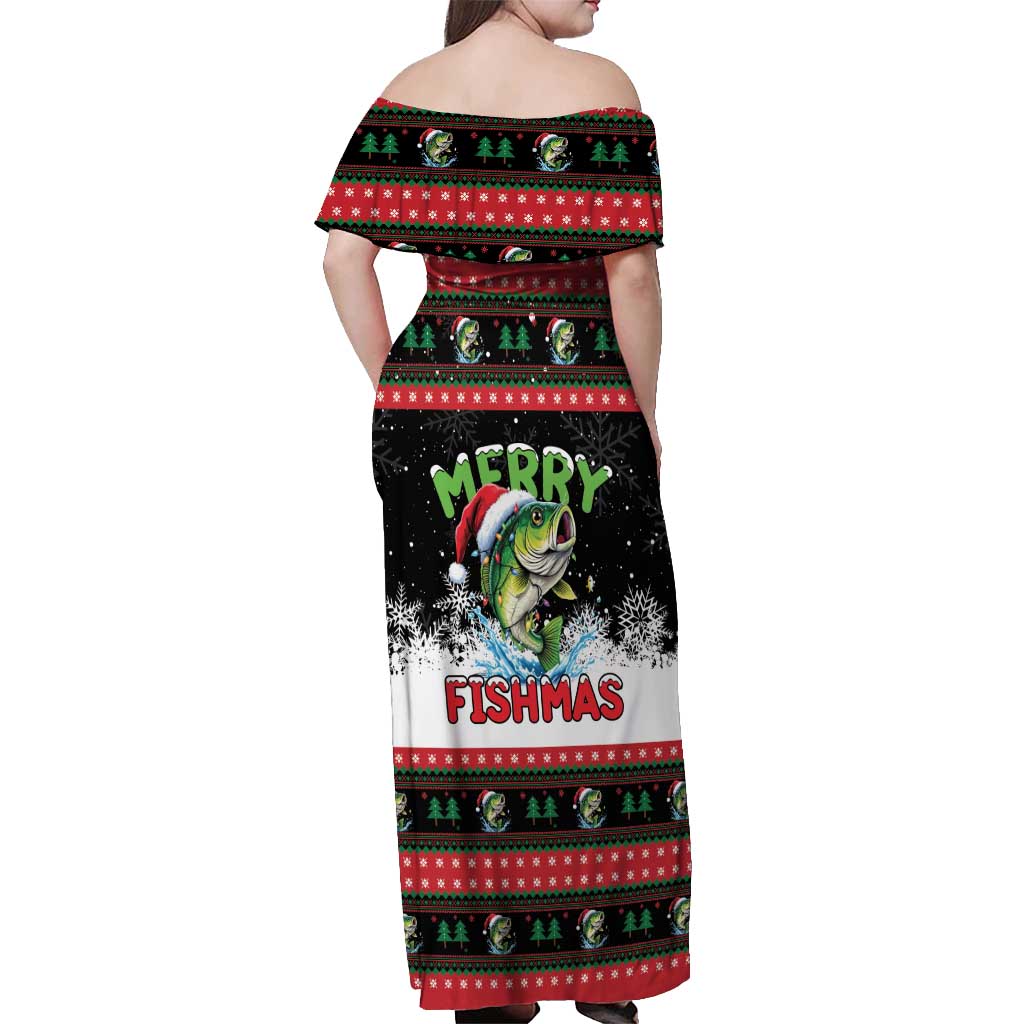 Fishing Christmas Merry Fishmas Off Shoulder Maxi Dress We Wish You A Merry Fishmas - Wonder Print Shop