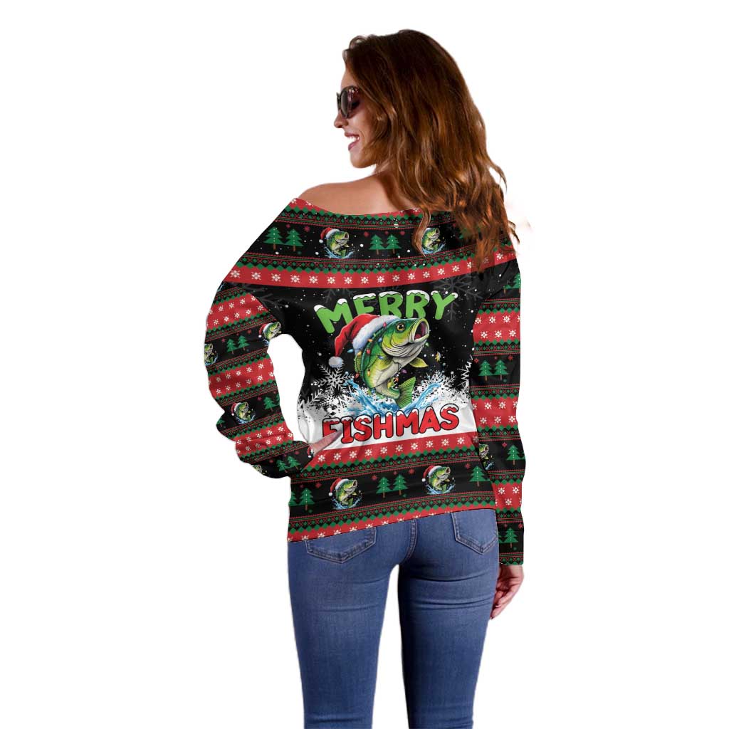 Fishing Christmas Merry Fishmas Off Shoulder Sweater We Wish You A Merry Fishmas - Wonder Print Shop