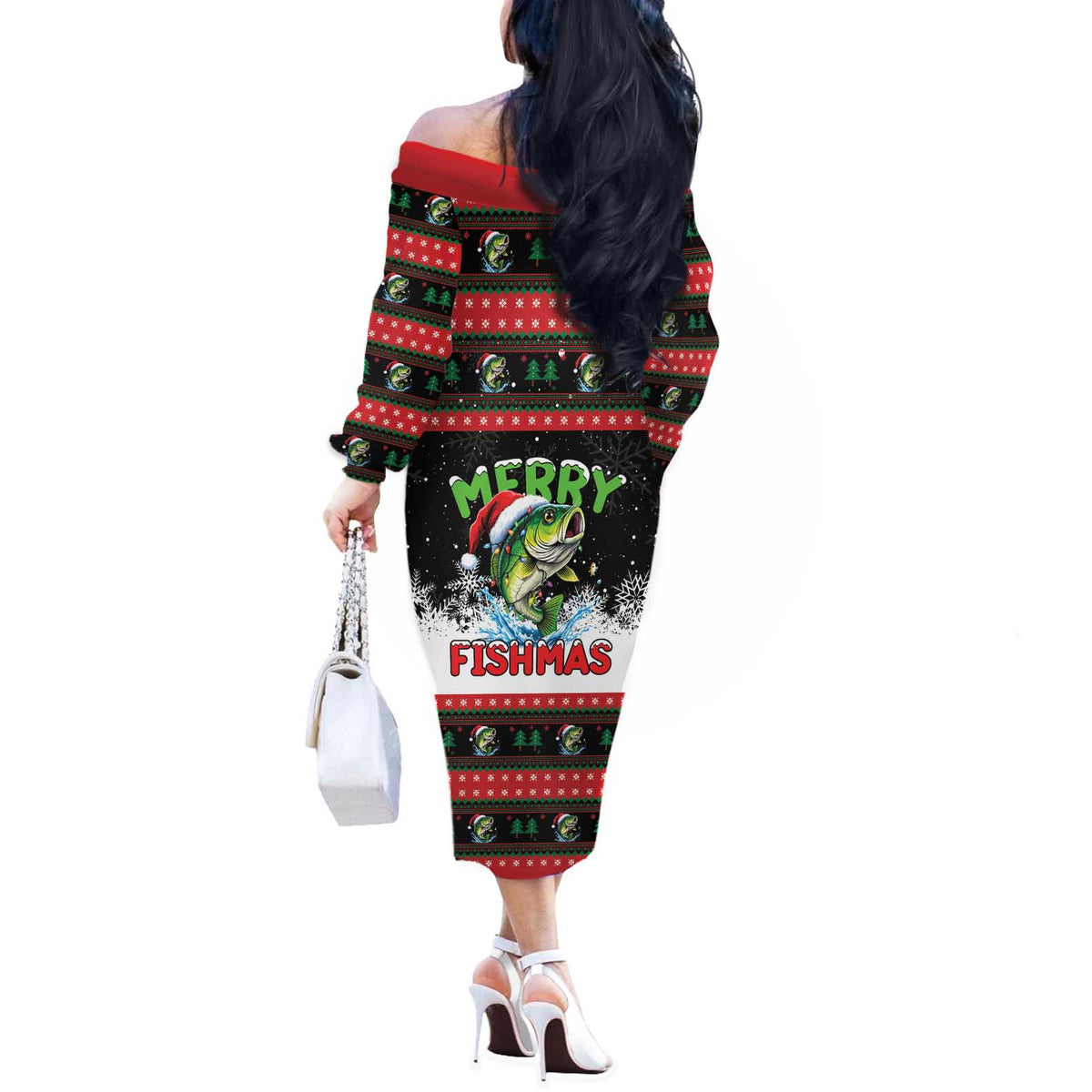 Fishing Christmas Merry Fishmas Off The Shoulder Long Sleeve Dress We Wish You A Merry Fishmas - Wonder Print Shop