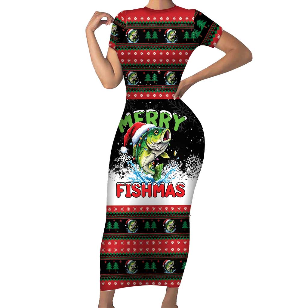 Fishing Christmas Merry Fishmas Short Sleeve Bodycon Dress We Wish You A Merry Fishmas - Wonder Print Shop