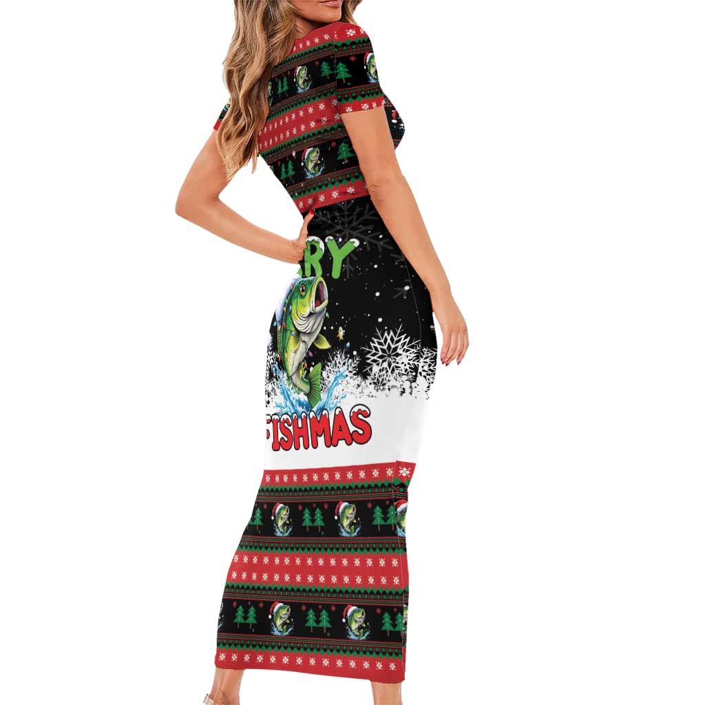 Fishing Christmas Merry Fishmas Short Sleeve Bodycon Dress We Wish You A Merry Fishmas - Wonder Print Shop