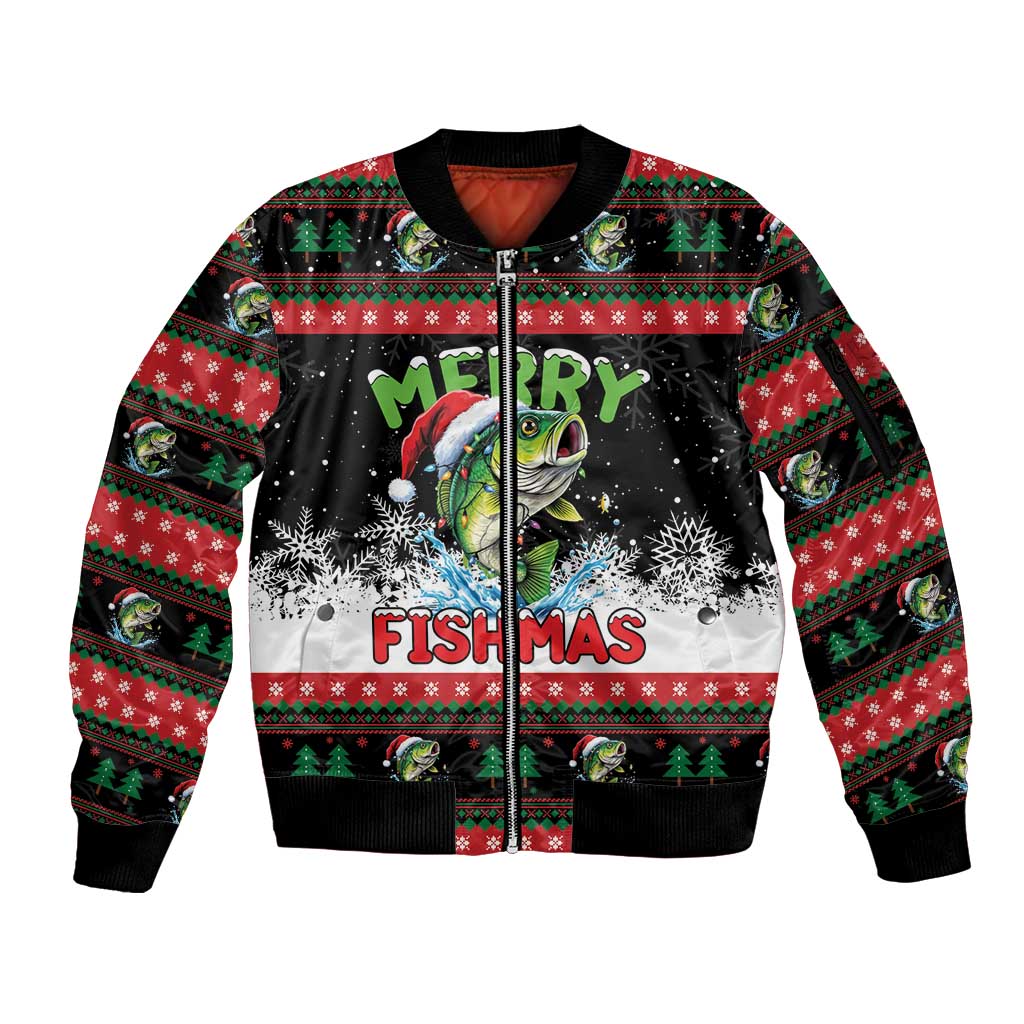 Fishing Christmas Merry Fishmas Sleeve Zip Bomber Jacket We Wish You A Merry Fishmas - Wonder Print Shop