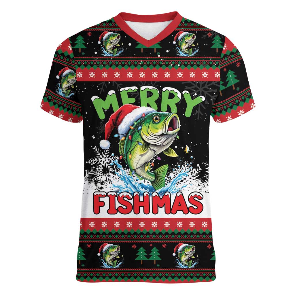 Fishing Christmas Merry Fishmas Women V-Neck T-Shirt We Wish You A Merry Fishmas - Wonder Print Shop