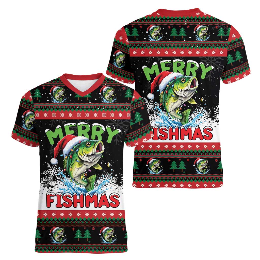 Fishing Christmas Merry Fishmas Women V-Neck T-Shirt We Wish You A Merry Fishmas - Wonder Print Shop