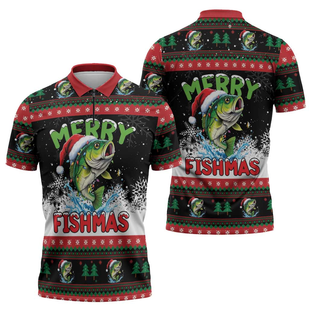 Fishing Christmas Merry Fishmas Zipper Polo Shirt We Wish You A Merry Fishmas - Wonder Print Shop