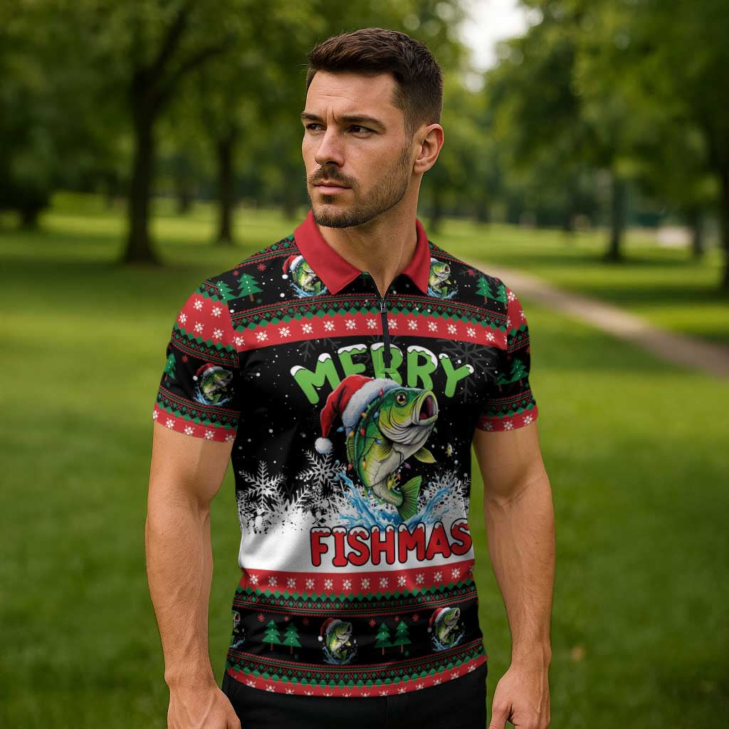 Fishing Christmas Merry Fishmas Zipper Polo Shirt We Wish You A Merry Fishmas - Wonder Print Shop