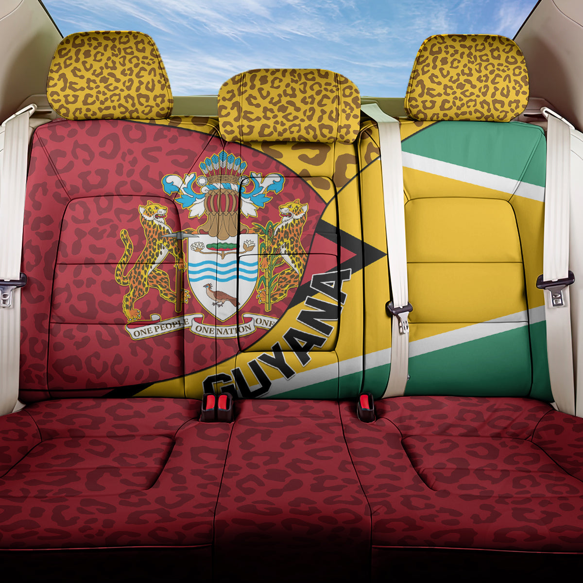 Guyana Republic Day Back Car Seat Cover Coat Of Arms Leopard Pattern LT01