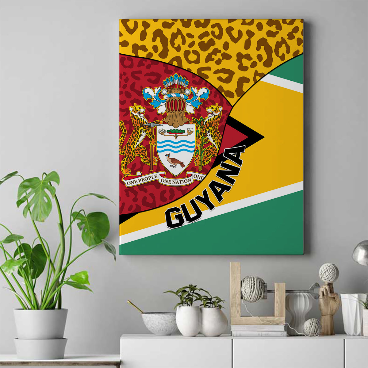 Guyana Republic Day Canvas Wall Art Coat Of Arms Leopard Pattern